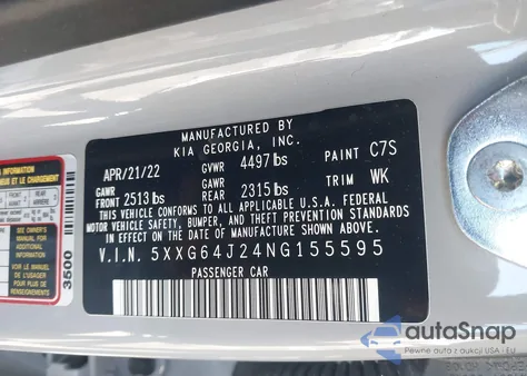 2022 Kia K5 Gt-Line z USA, uszkodzony, nr VIN 5XXG64J24NG155595